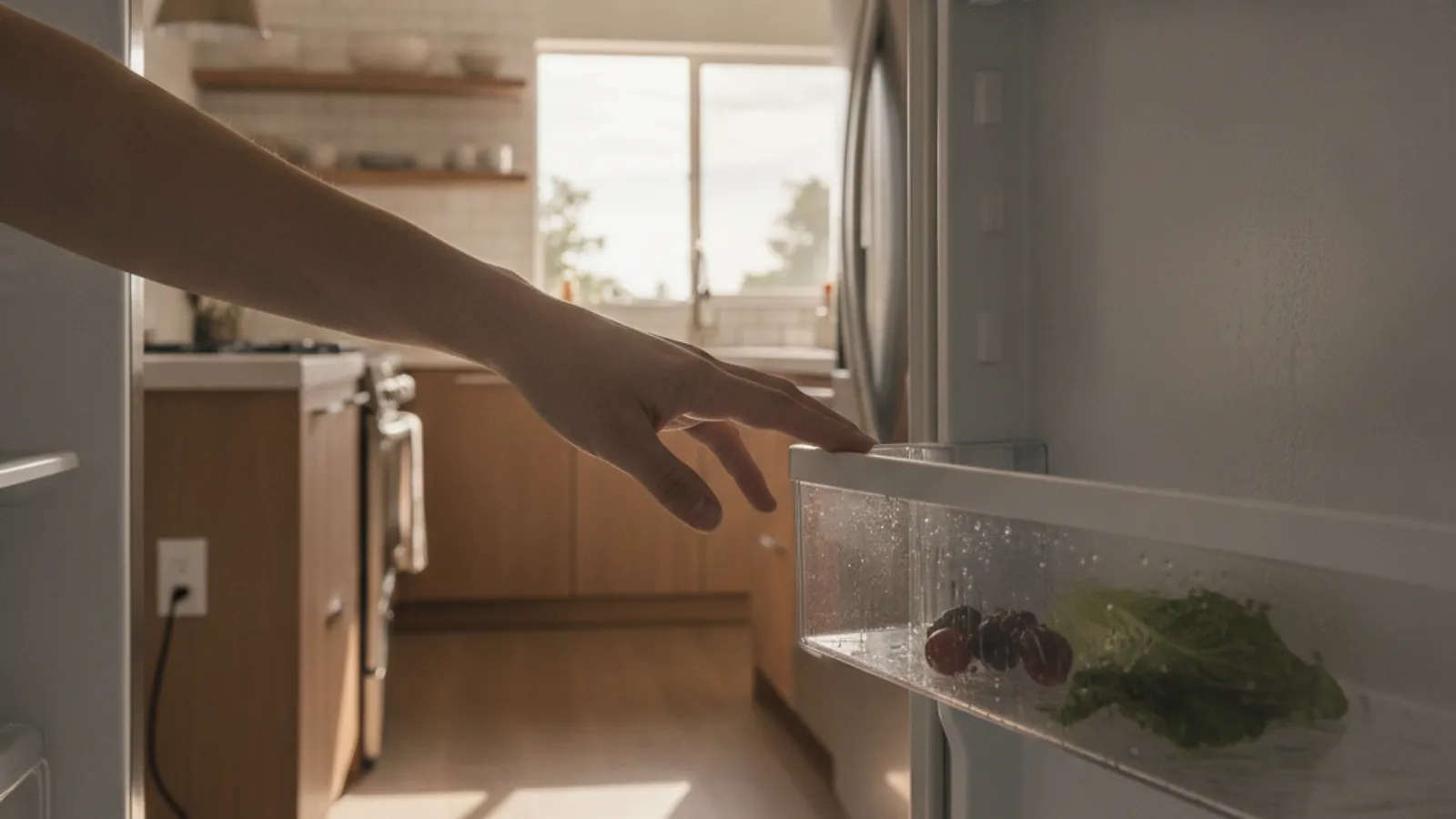 A hand checking the warm interior shelves of a Frigidaire side-by-side refrigerator in a San Diego kitchen.