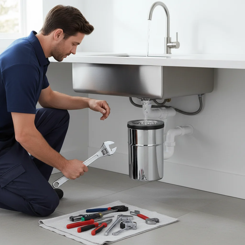 A clean, modern kitchen sink with a new garbage disposal unit visible underneath, with installation tools neatly placed beside it.