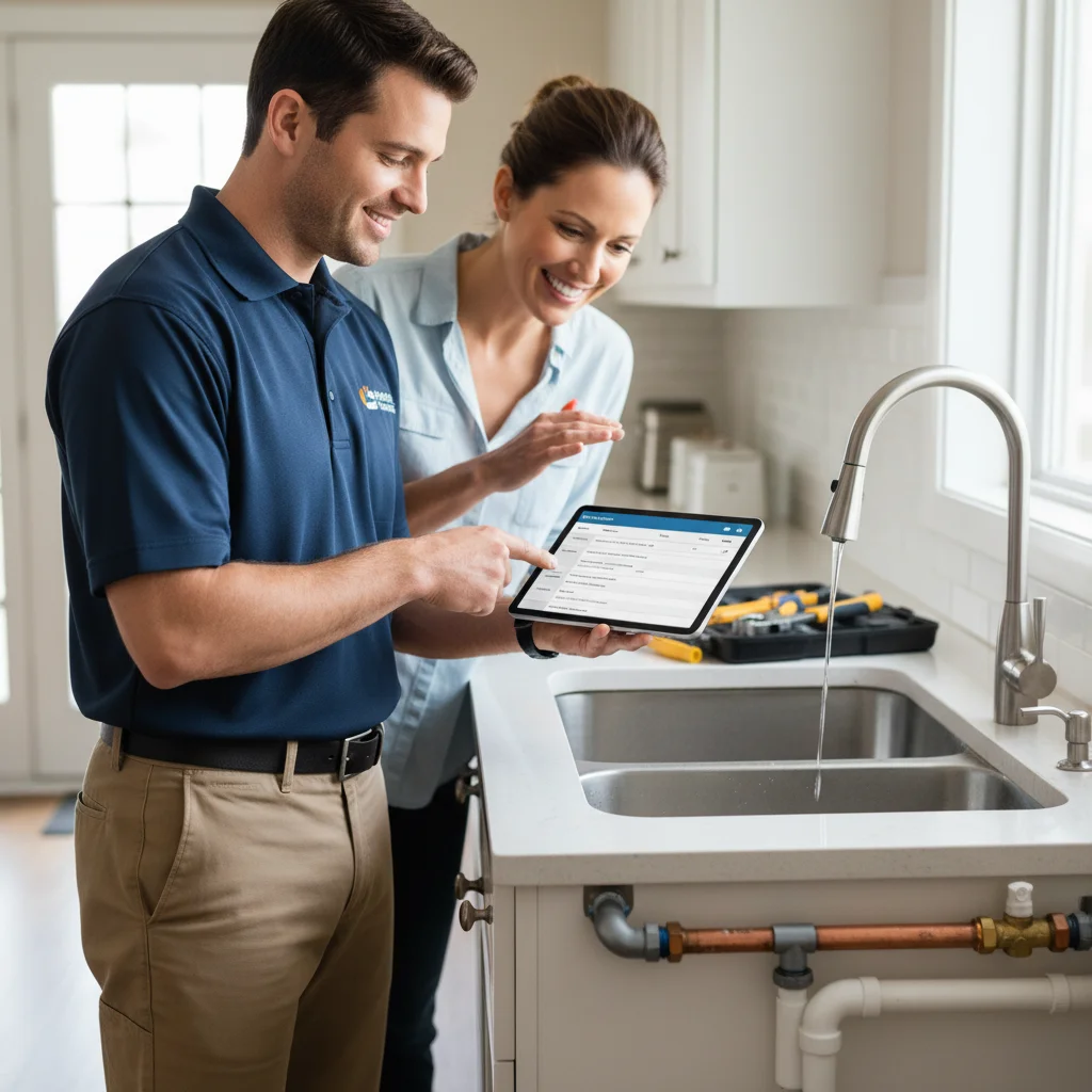 A friendly technician providing a homeowner with a quote on a tablet