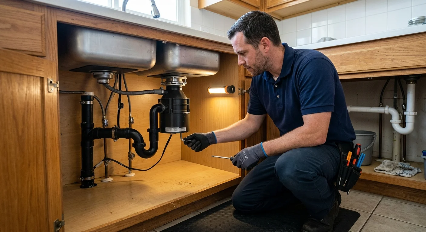 Independent appliance pro inspecting a jammed disposal under a San Ysidro sink