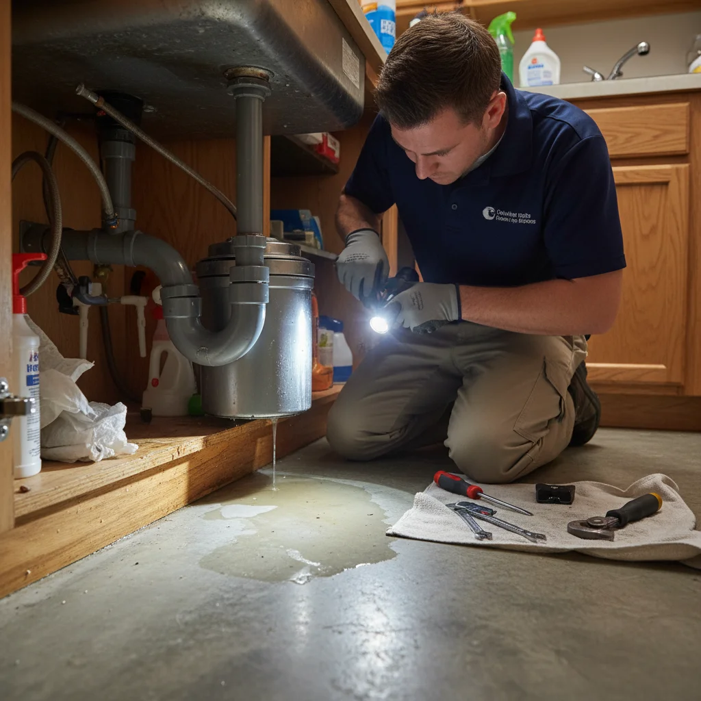 Under-sink view of a garbage disposal with a small puddle of water beneath it, flashlight illuminating the area.