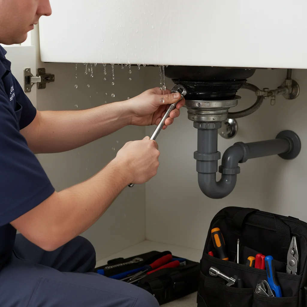 Hands using a wrench to disconnect a garbage disposal mounting ring under a sink.