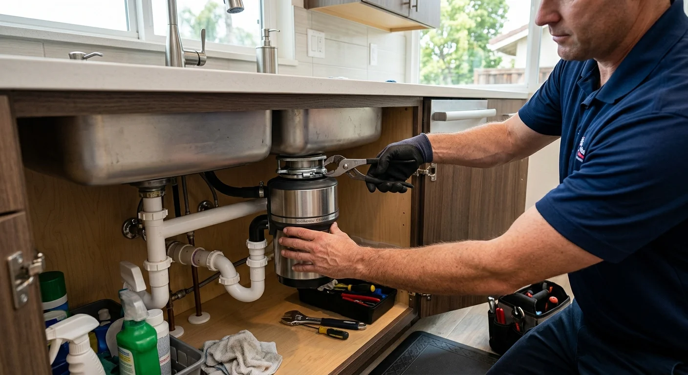 A technician's hands working under a kitchen sink on a stainless steel garbage disposal unit.