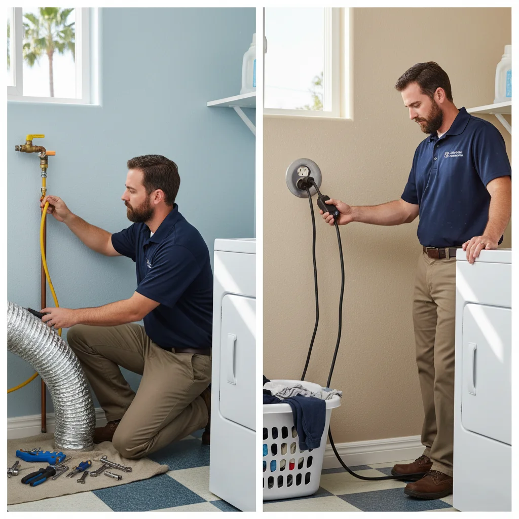 A split image of a gas dryer hookup and a 240v electric dryer outlet in a laundry room.