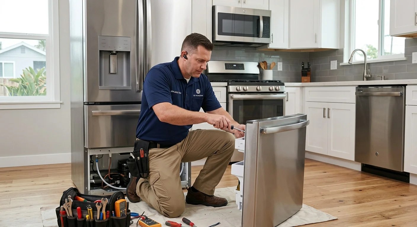 A Repair Pro San Diego technician expertly repairing a modern GE refrigerator in a clean San Diego kitchen.