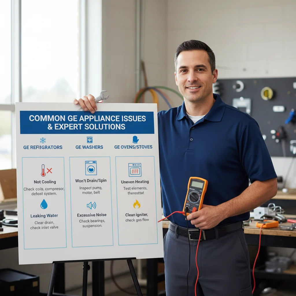 Infographic illustrating common GE appliance issues and repair solutions for refrigerators, washers, and ovens.