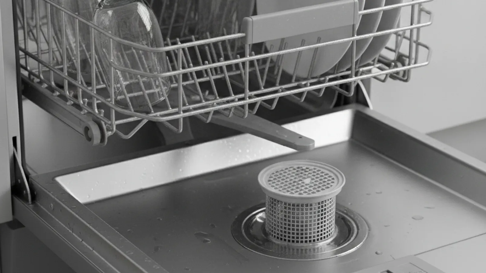A GE dishwasher with the lower rack removed showing standing water around the sump in a San Diego kitchen.