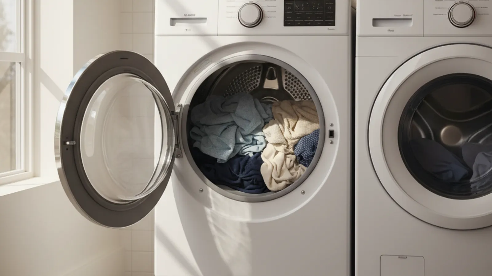 A GE front-load dryer with the door open and damp clothes inside, in a San Diego laundry room.