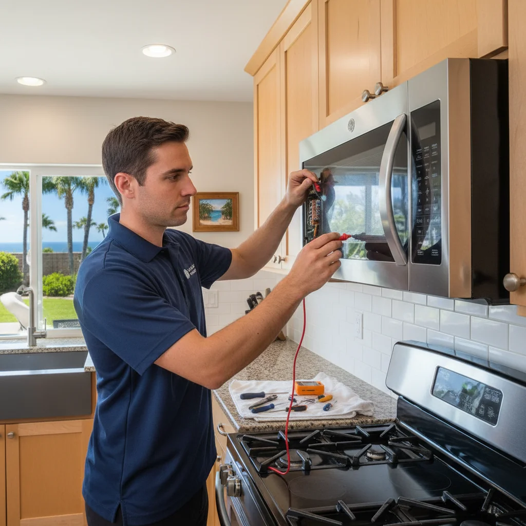 A modern GE over-the-range microwave in a San Diego kitchen, with a technician diagnosing an issue with the control panel.