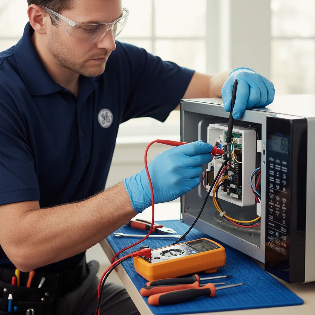 A close-up of a technician safely testing a component inside a GE microwave with specialized tools.