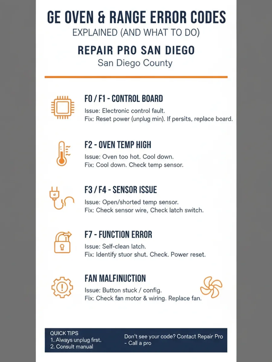 An infographic explaining common GE oven and range error codes (F0, F1, F2, F3, F4, F7, F9), grouped by control board faults, over-temperature, oven temperature sensor faults, stuck touchpad, and door lock faults, showing which a homeowner can clear with a breaker reset and which need a technician.