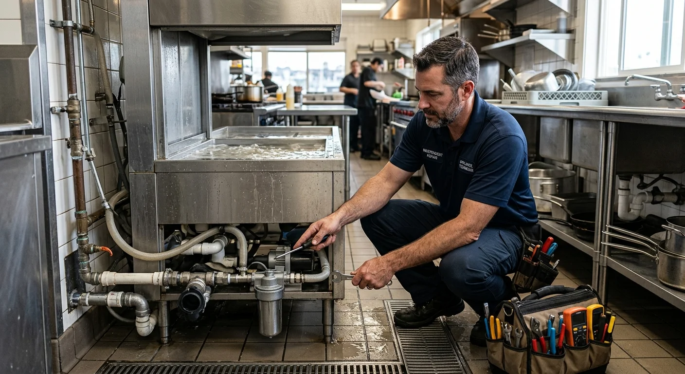 Technician inspecting a commercial dishwasher drain in a San Diego kitchen