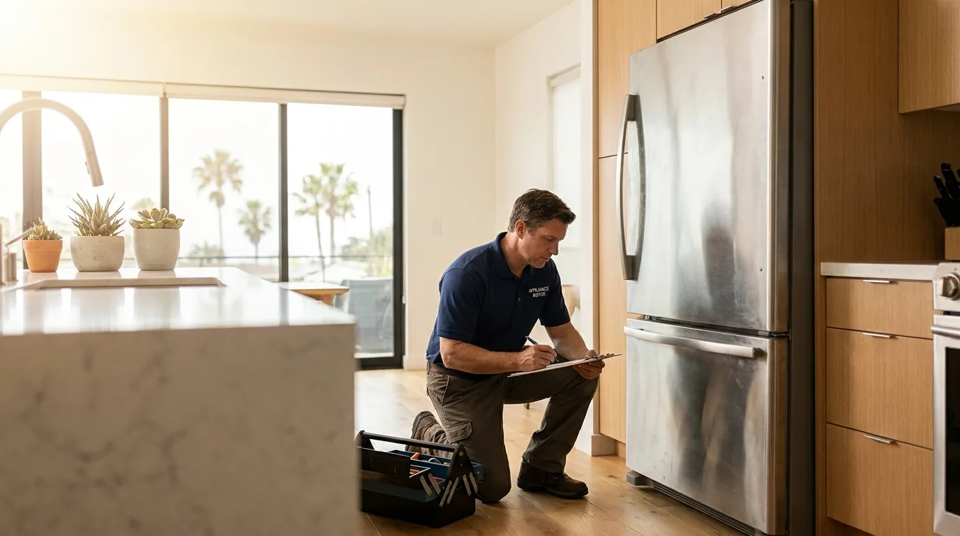 Appliance repair technician in a navy polo inspecting an older stainless-steel refrigerator in a bright San Diego kitchen