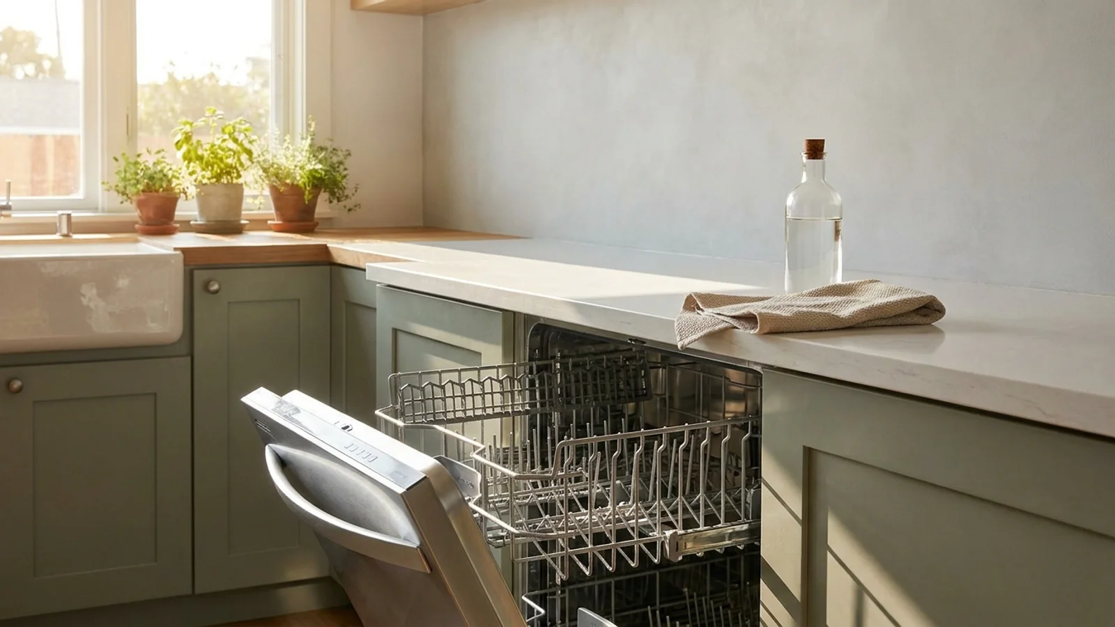 Open stainless steel dishwasher with clean racks in a bright kitchen, cleaning cloth and white vinegar bottle on the counter