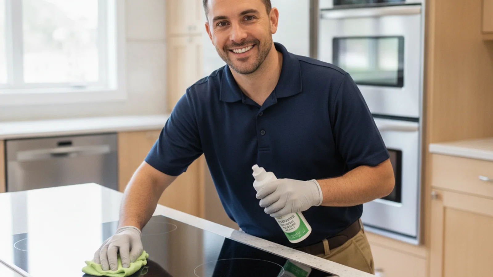 Clean glass stovetop surface with a microfiber cloth and small bowl of baking soda paste beside it