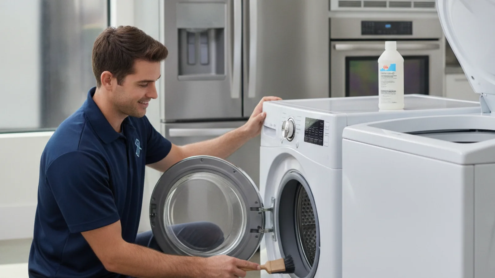 Clean laundry room with a front-loading washing machine, open door, bright natural light through a window