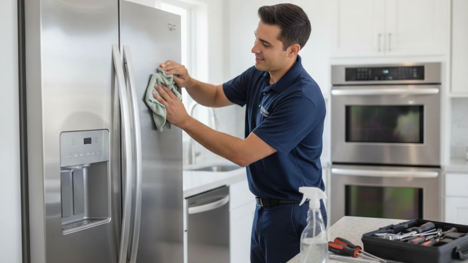 Person wiping a stainless steel refrigerator door with a microfiber cloth, cleaning in the direction of the grain