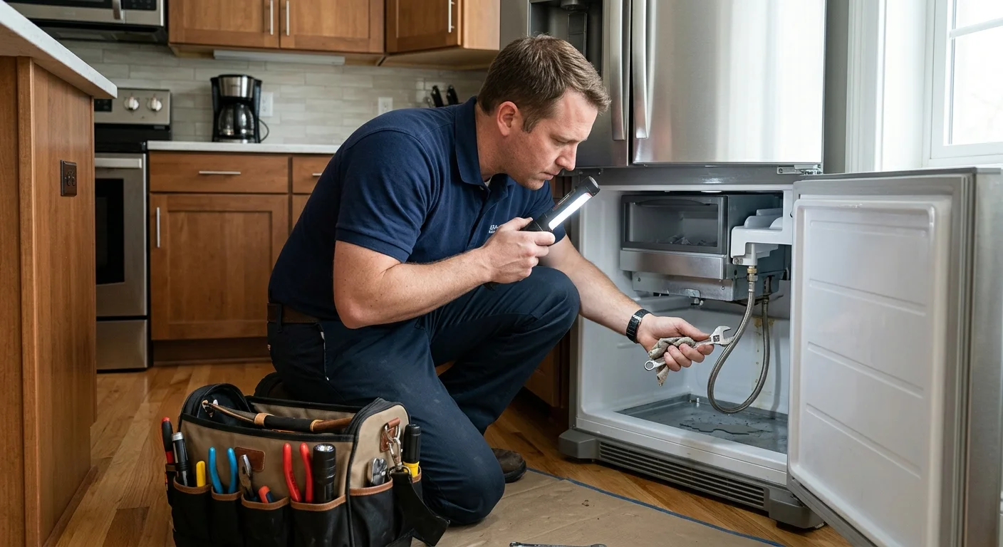 Independent appliance technician tracing a small refrigerator ice maker leak