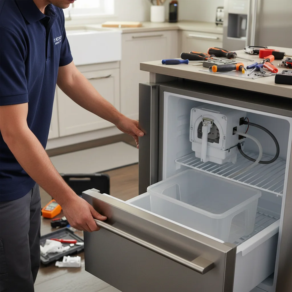 Open freezer drawer with an empty ice bin and an empty ice maker