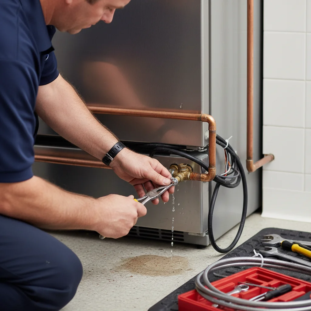 Technician's hands turning off a water supply valve behind a refrigerator