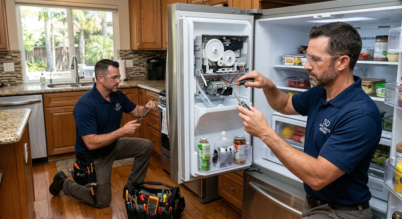 A repair technician working on the ice maker unit inside a modern french door refrigerator in a San Diego home, wearing a Repair Pro San Diego uniform.