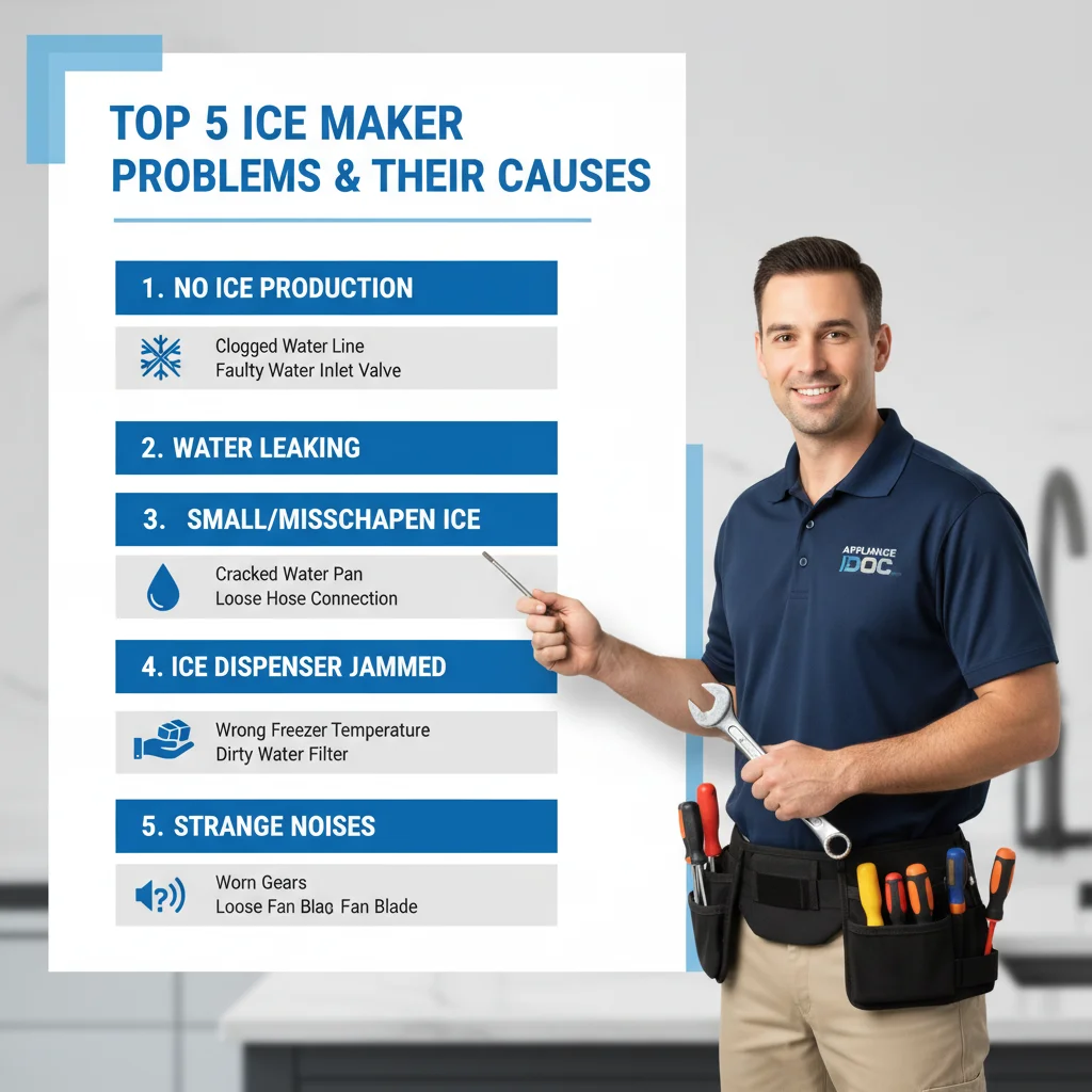 Infographic displaying a top 5 list of common ice maker malfunctions and their root causes, with simple icons.