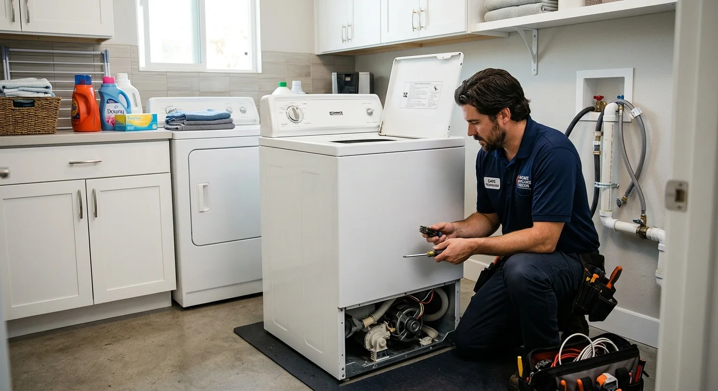 A technician from Repair Pro San Diego inspecting a classic Kenmore washing machine in a home laundry room.