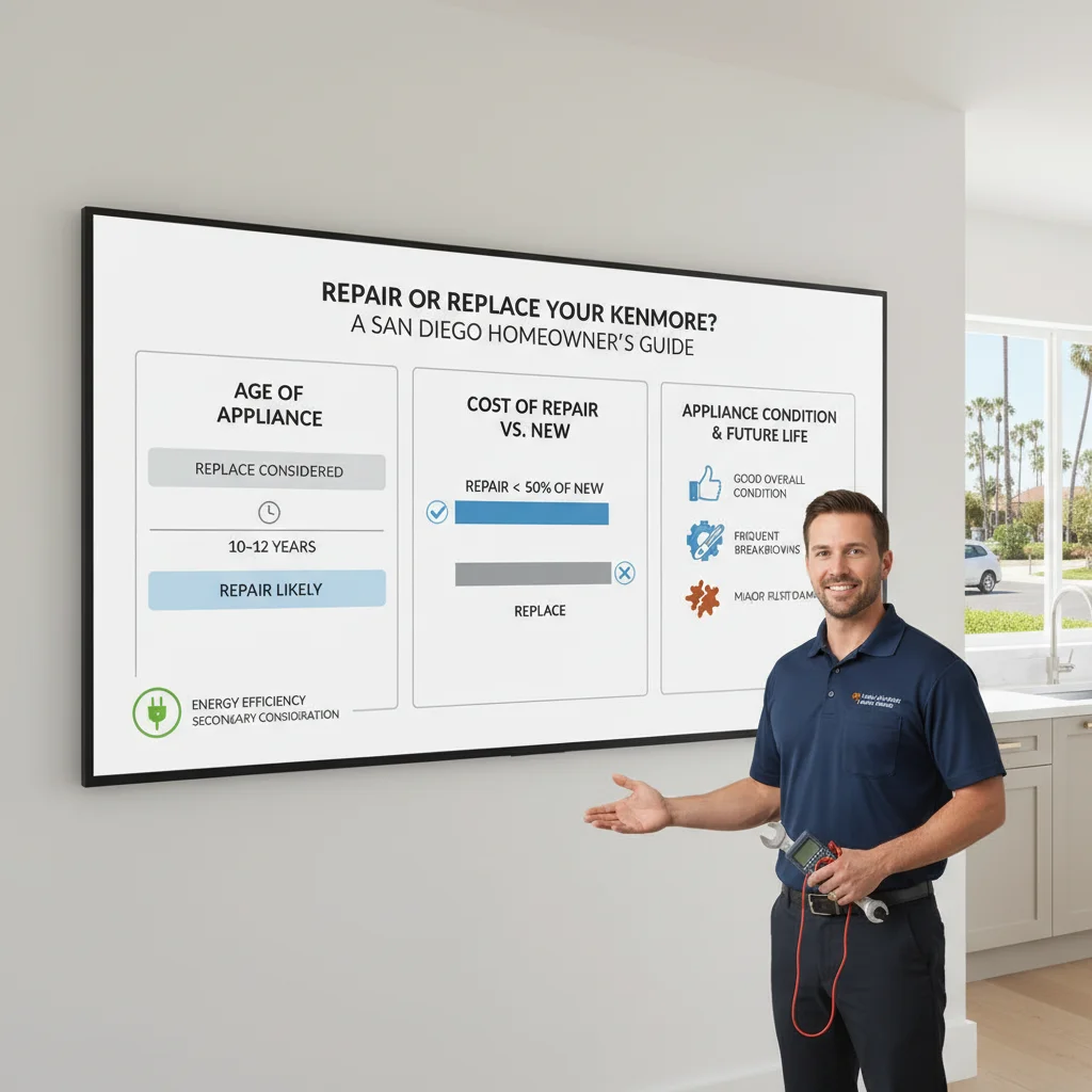Infographic detailing key factors to consider when deciding whether to repair or replace an older Kenmore appliance.