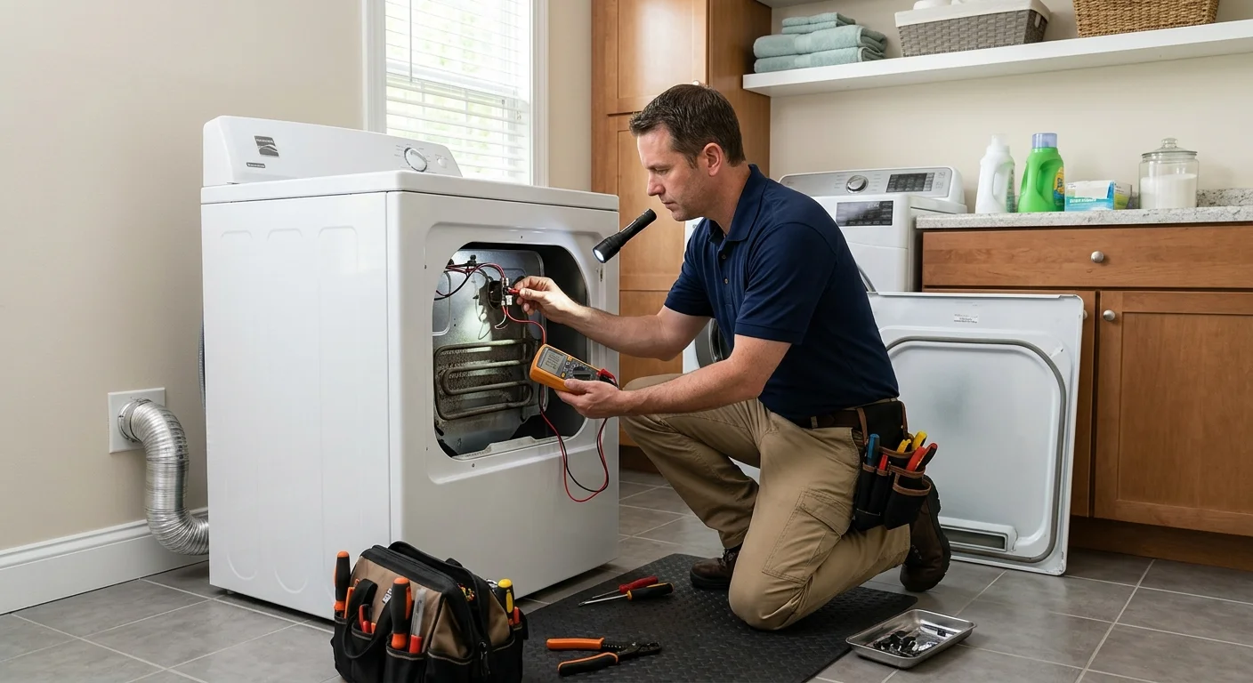 Independent appliance technician inspecting a Kenmore dryer in a home laundry room