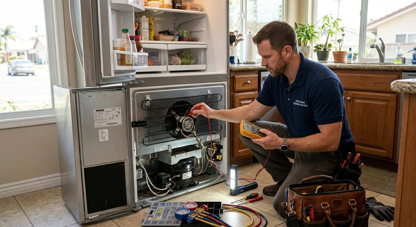 Independent technician examining a warm Kenmore refrigerator in a San Diego home