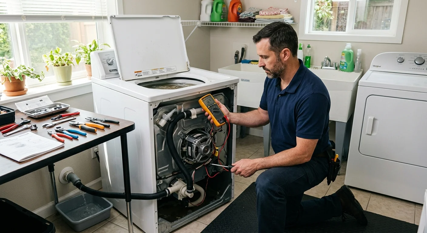 Technician inspecting a Kenmore top-load washer that won't drain