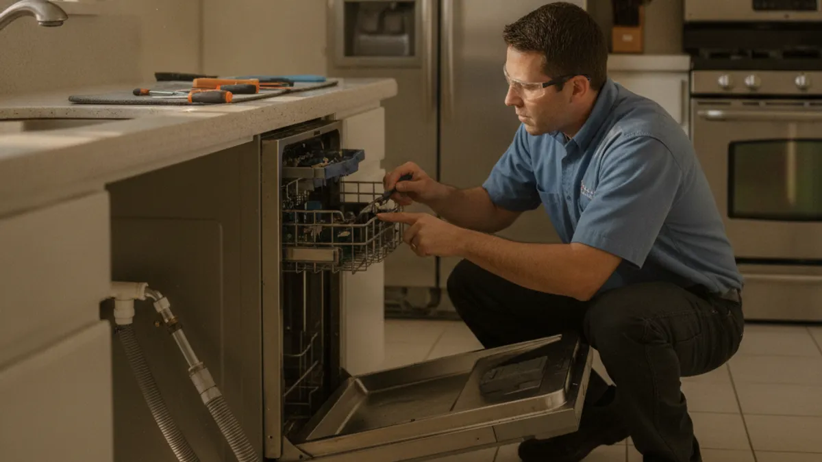 A technician inspecting the control panel of a stainless steel KitchenAid dishwasher in a San Diego kitchen