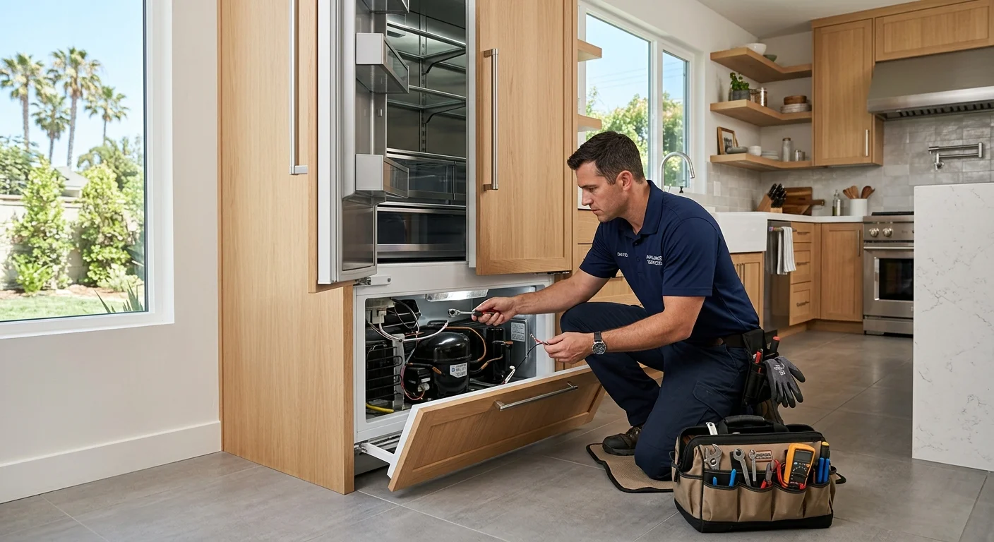 A professional technician working on a high-end, panel-ready KitchenAid refrigerator in a modern San Diego kitchen.