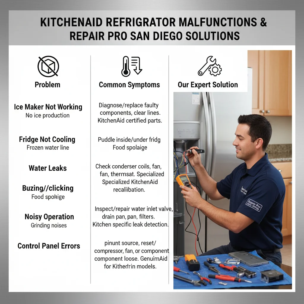 Infographic detailing common KitchenAid refrigerator malfunctions, their symptoms, and Repair Pro San Diego's expert solutions.