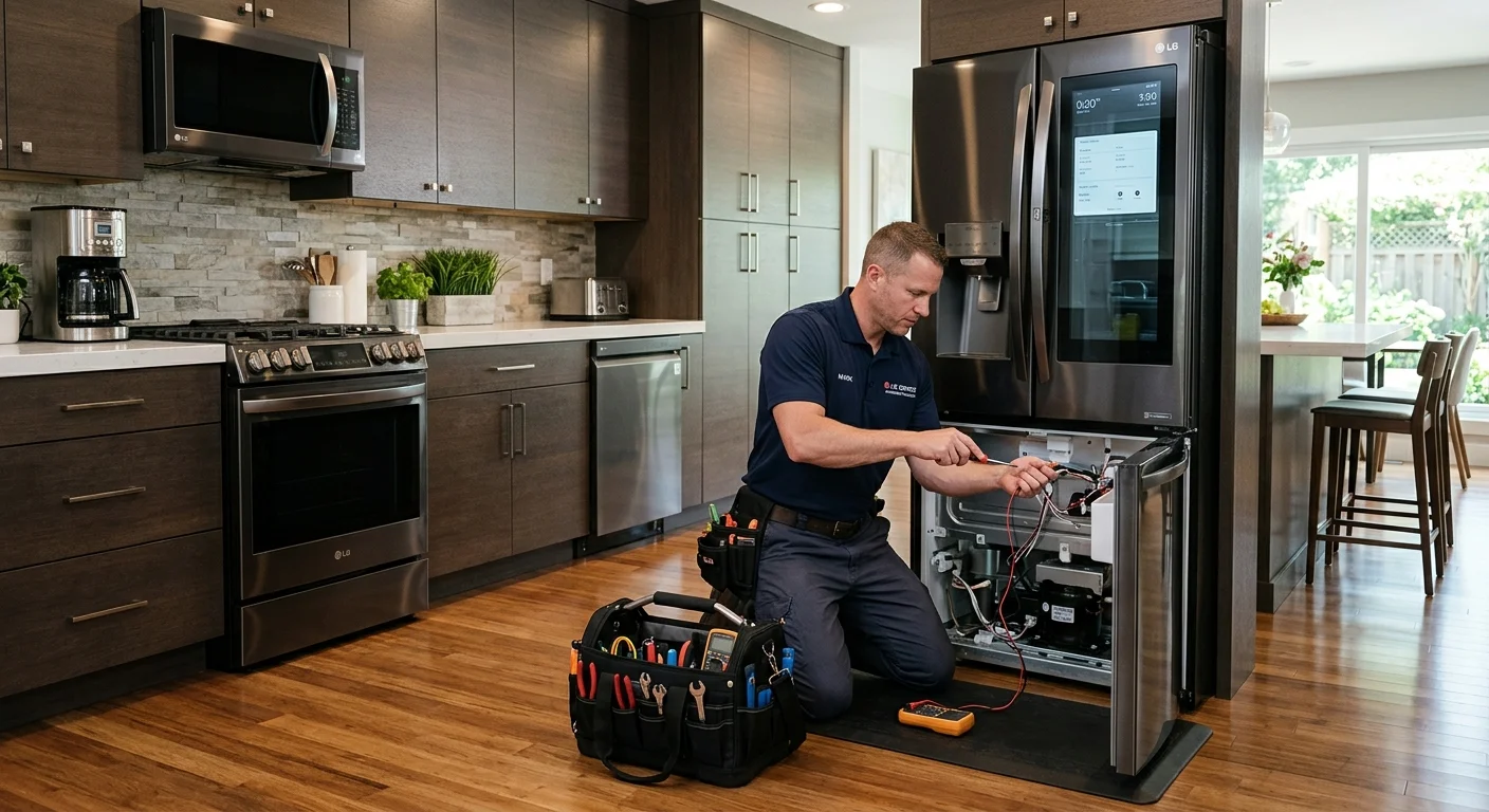 A sleek, modern kitchen with LG smart appliances, one of which (the refrigerator) is being expertly serviced by a technician.