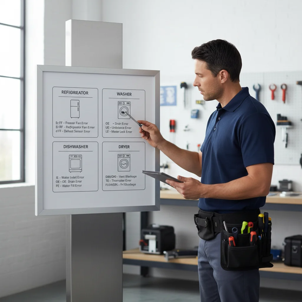 Infographic showing common LG appliance error codes and their typical solutions or indicators for professional repair across different appliance types.