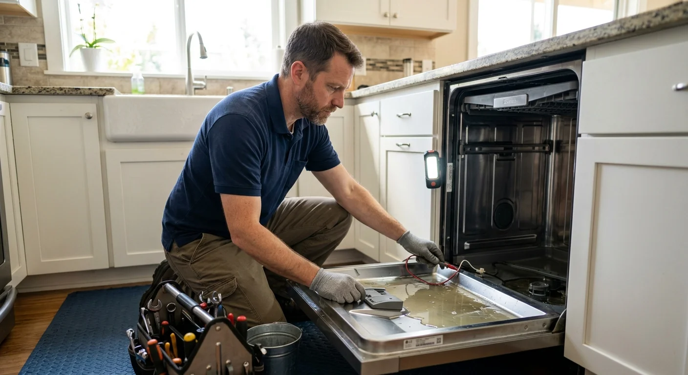 Technician inspecting an LG dishwasher with standing water
