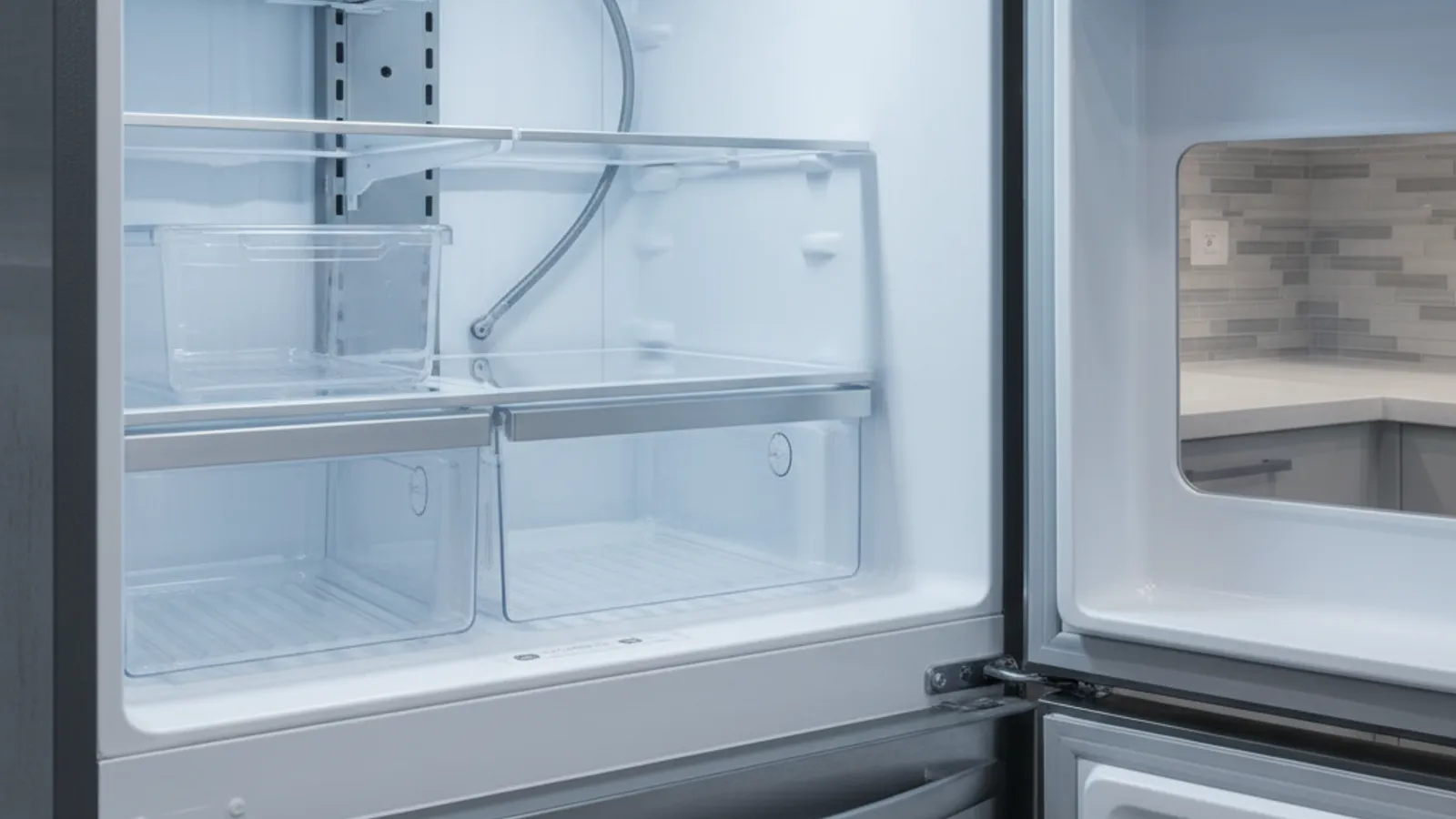 The in-door ice maker of an LG French-door refrigerator with an empty bin, in a San Diego kitchen.