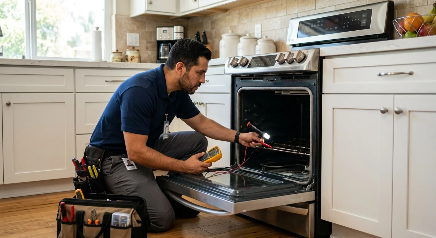 Independent technician inspecting an LG oven in a San Diego kitchen