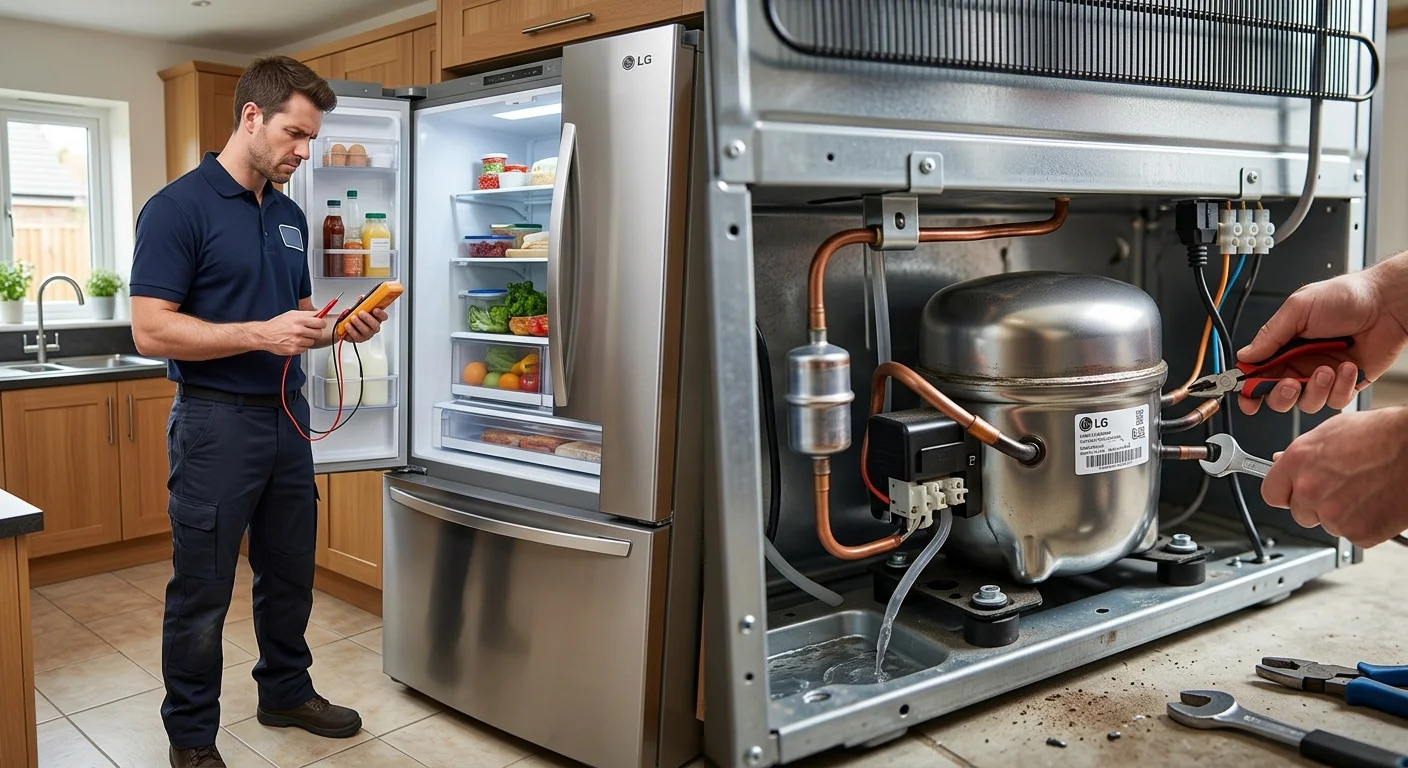 A split image. On the left, a frustrated person stands in front of an open LG refrigerator. On the right, a close-up of the refrigerator's linear compressor unit.