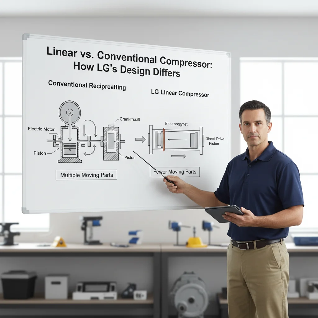 A diagram comparing the operational mechanics of an LG linear compressor to a conventional reciprocating compressor.