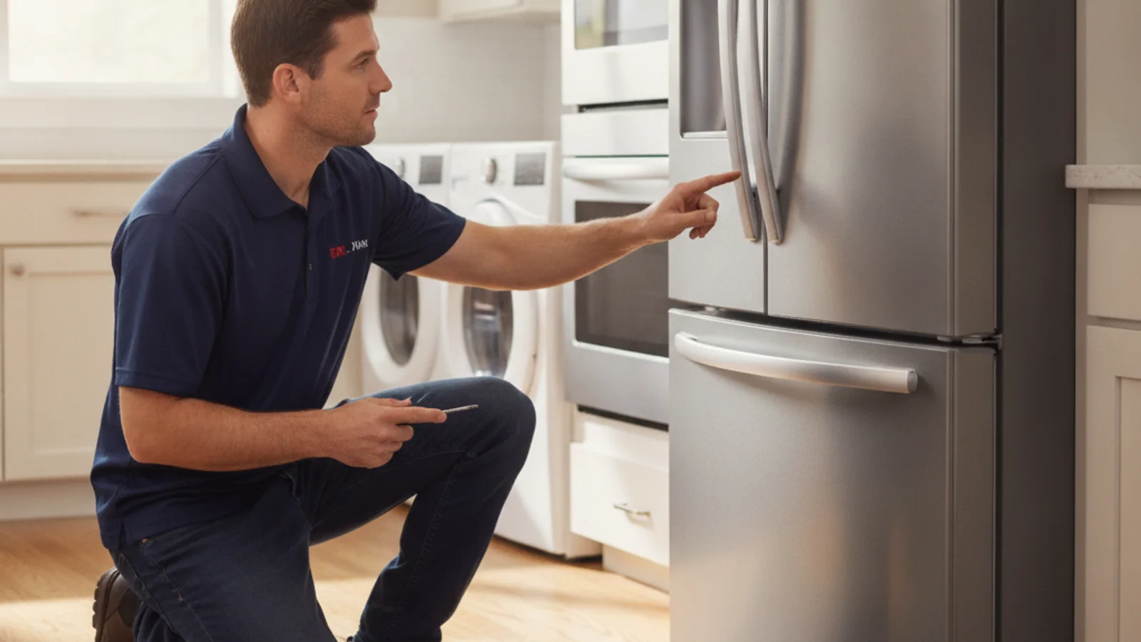 A photorealistic close-up of an appliance repair technician diagnosing an LG French-door refrigerator with an error code showing on the front panel display, clean modern kitchen, natural light.