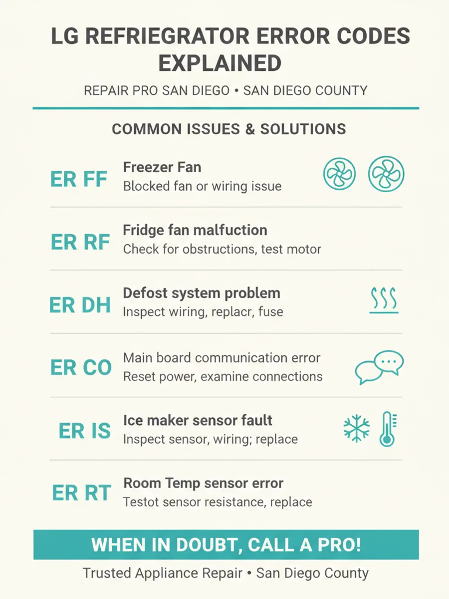 An infographic explaining common LG refrigerator error codes (OF F, Er FF, Er rF, Er dH, Er IF, Er CO, 88), grouped by demo mode, fan and defrost faults, ice maker faults, sensor and communication faults, and normal readings, showing which a homeowner can clear and which need a technician.