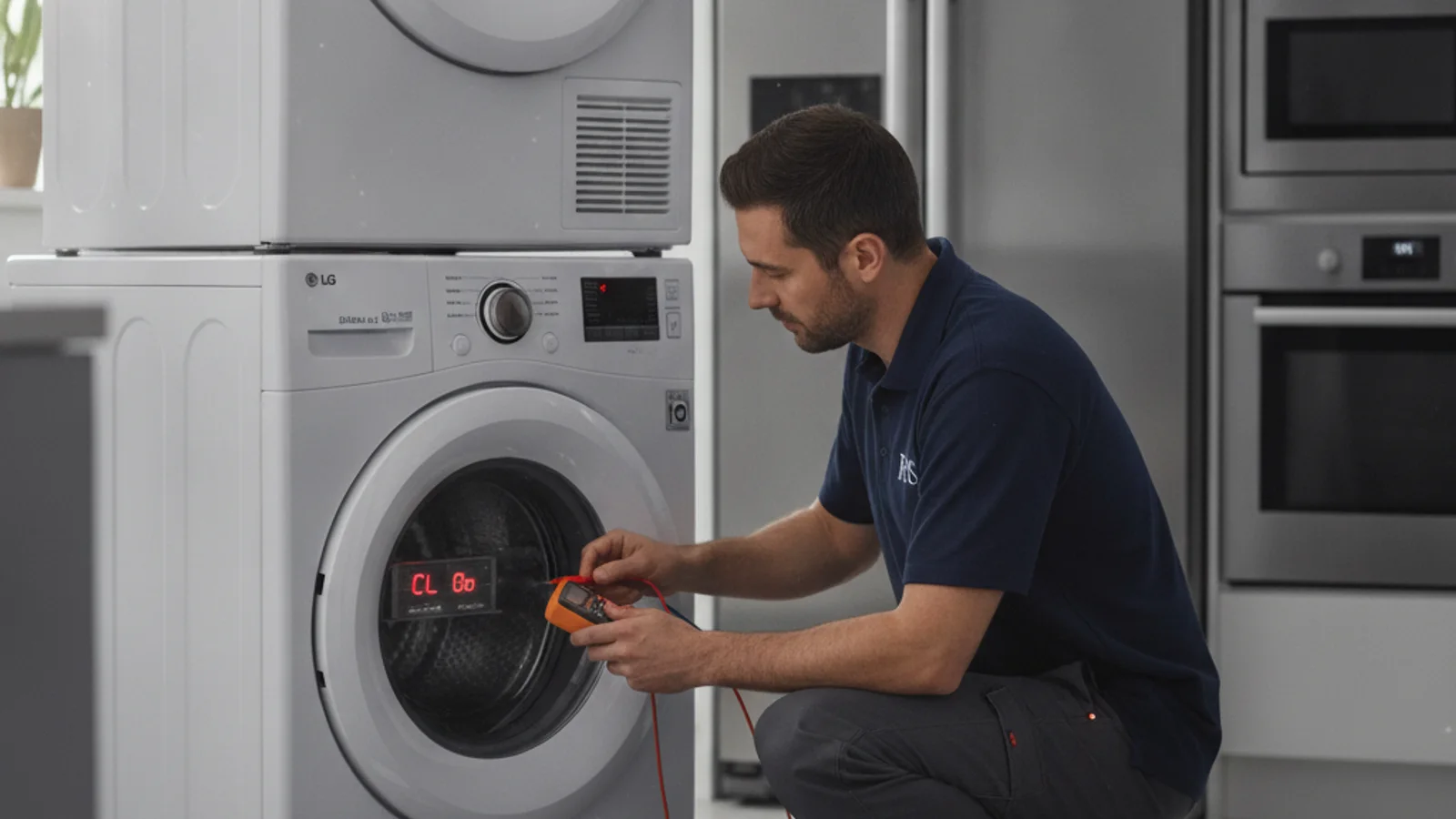 A photorealistic close-up of an appliance repair technician diagnosing an LG front-load washing machine with an error code on the display, clean modern laundry room, natural light.