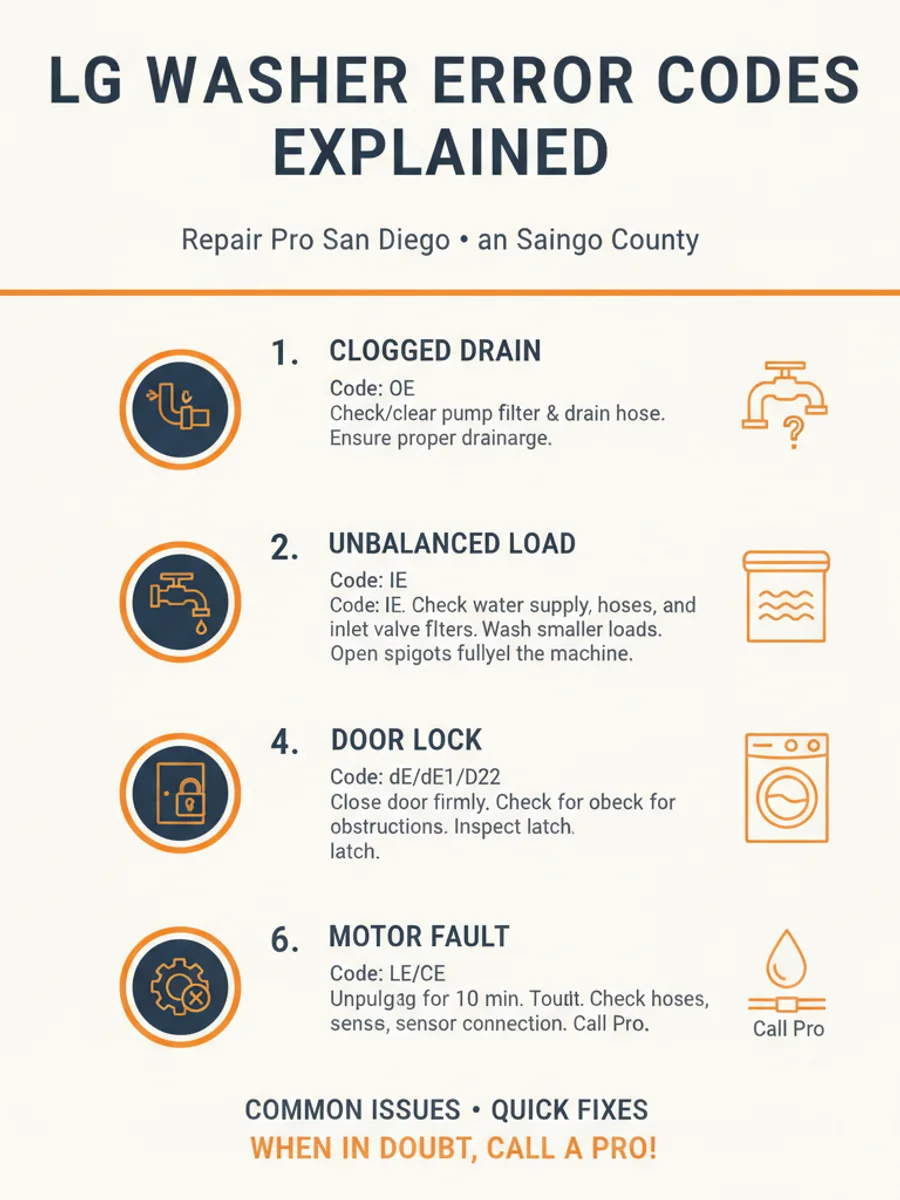 An infographic explaining common LG washer error codes (OE, UE, IE, dE, LE), showing which homeowners can clear themselves and which require professional repair, grouped by drainage, balance, water supply, door, and motor issues.