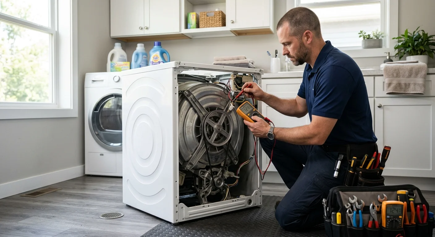 Independent appliance technician inspecting a front-load washer