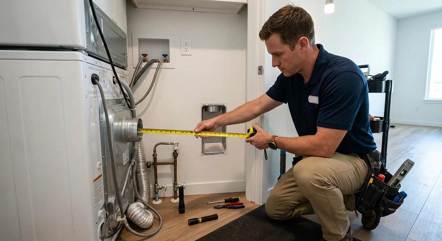 Installer measuring a tight San Diego condo laundry space