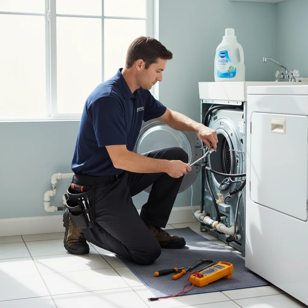A technician working on a Maytag front-load washing machine in a well-lit San Diego laundry room.