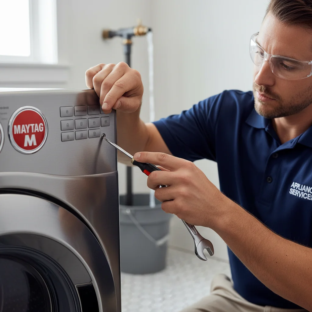 A close-up of the Maytag logo on a stainless steel appliance.