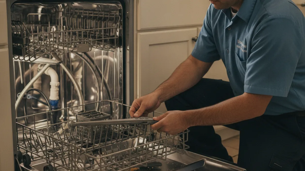 A repair technician removing the lower spray arm from a Maytag dishwasher to inspect the filter and drain area